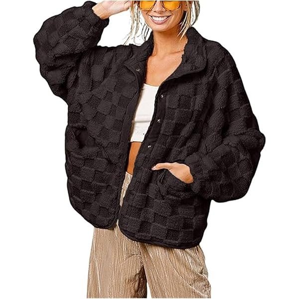 chouyatou Women Winter Casual Checkered Fleece Jacket Fuzzy